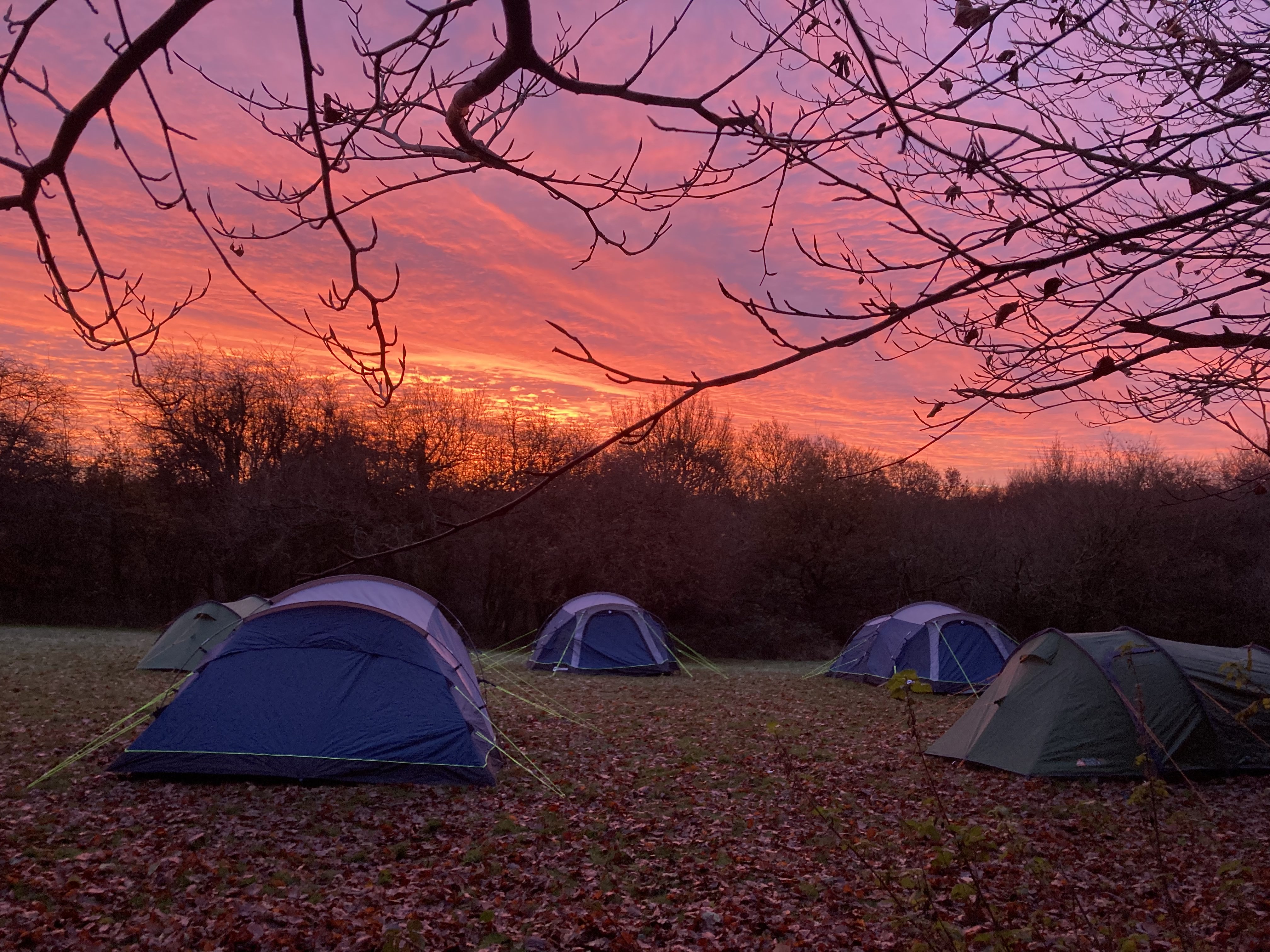 Scout hike tents at dawn with red sky